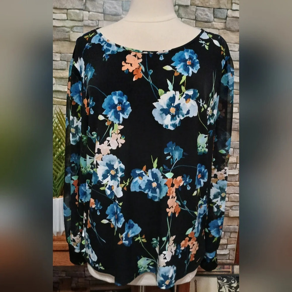 Calvin Klein Tops - 🌸Women's XL Floral Calvin Klein Blouse Black Sheer Sleeves